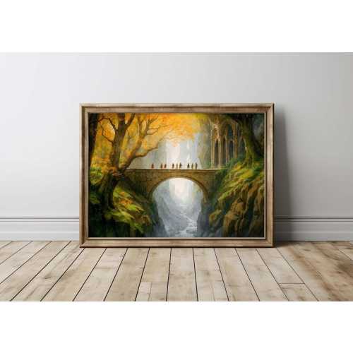 Fellowship Walking over Bridge in Elvish Valley, Power Ring Watercolor Painting Printed on Premium Matte Paper.