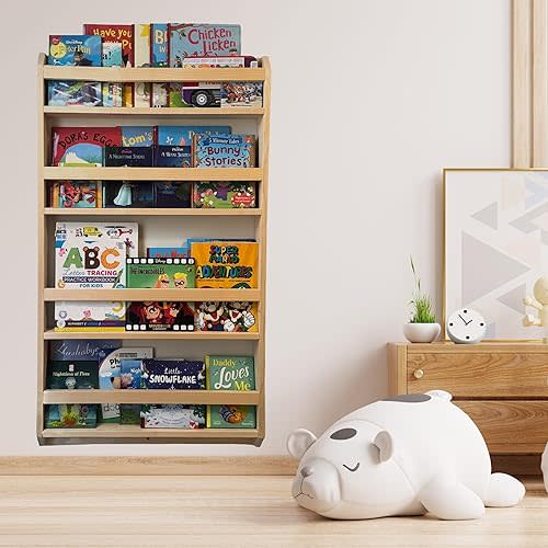 Montessori Kids Bookshelf, Handcrafted in Canada, Solid Wood, Wall Mounted, Book Shelf Organizer, Tall Wooden Children's Bookcase, Storage Book Rack for Kids Room, Nursery Room (4 - Tier / 24" Wide)