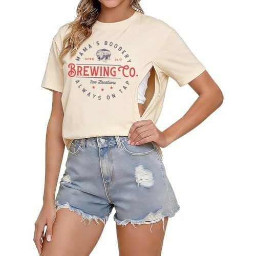 Women's Nursing Shirts for Breastfeeding with Hidden Zippers Loose Fit Maternity Tops Distressed Acid Washed Graphic Tees