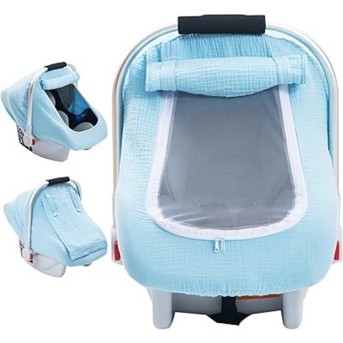 3 Layer Muslin Baby Car Seat Cover, Carseat Covers Baby for Boys Girls, Car Seat Canopy with Breathable Peep Window, Windproof Infant Car Seat Cover Protect from Sun, Newborn Essentials