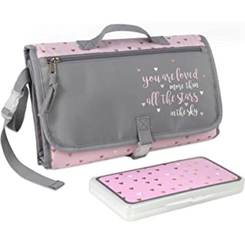 Portable Diaper Changing Pad Station Waterproof for Baby Girl, Boy with Padded Head Rest, Wipes Dispenser (Pink Hearts)