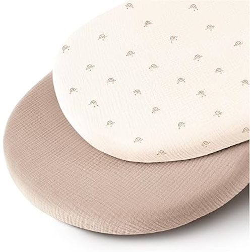 Muslin Bassinet Sheets for Babies – Soft & Breathable 100% Cotton Fitted Sheets for Oval, Rectangle, Hourglass Bassinet Mattress Pads, 2-Pack (Ivory & Pink)