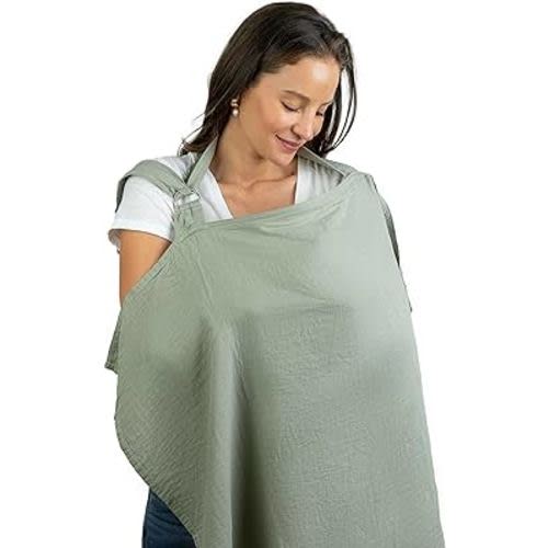 Muslin Nursing Cover for Baby Breastfeeding, Soft & Breathable Cotton Breastfeeding Cover for Mom with Rigid Hoop for Mother Nursing Apron by Comfy Cubs (Sage)