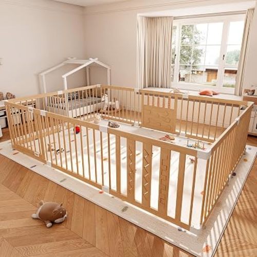 Wooden Baby Playpen with Built-in Toys,96"x64" Extra Large Play Yard for Toddlers & Infants, Natural Pine Wood Play Fence with Safety Lock & Suction Cups, Fixed Structure Activity Center, 10 Panels