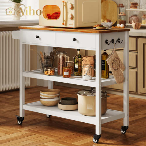 Aiho 44" Kitchen Island Cart with Storage Cabinet and Drawer, Kitchen Storage Cart with 2 Tiers Spacious Shelves & Spice Rack, 2drawers, 360° Lockable Caster Mobile Kitchen Island Cart - White