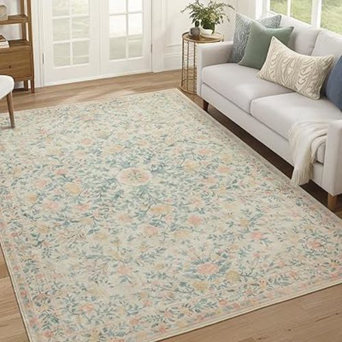 AMADA HOMEFURNISHING 6x9 Area Rugs, Washable Low-Profile Large Living Room Rug with Non-Slip Backing & Durable Edge Binding, Soft Vintage Rug for Bedroom, Dinning Room, Home Office