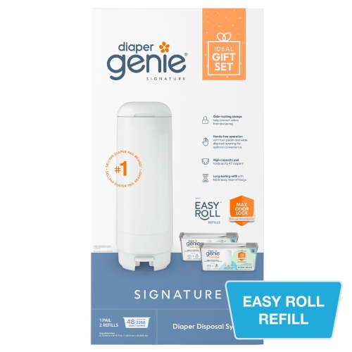 Diaper Genie Signature Gift Set,White, Includes 1 Diaper Pail,1 Easy Roll Refill 48 Bags