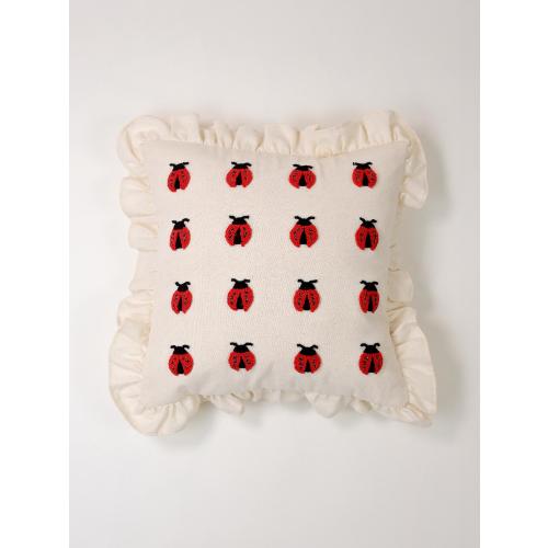 Galia - Ladybug Ruffle Pillow Cover – 45x45 cm Embroidered Cushion in Washed Linen