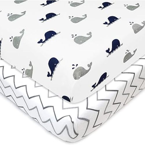 American Baby Company 2 Pack Fitted Pack N Play Playard Sheet 27" x 39", Soft Breathable Neutral 100% Cotton Jersey Pack and Play Sheet, Navy Whale/Grey Zigzag, for Boys and Girls, Fits Most Mini Crib