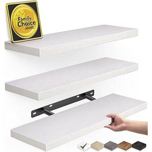 BAYKA Floating Shelves for Wall – Rustic Wood Wall Shelves with Metal Brackets for Bathroom, Bedroom, Kitchen, or Living Room Decor – White, Set of 3, Sturdy Storage with 22lb Capacity