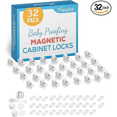 Vmaisi Adhesive Magnetic Locks for Cabinets & Drawers (32 Locks and 4 Keys)