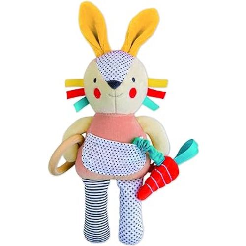 Petit Collage Organic Busy Bunny Activity Toy – Handmade Bunny Stuffed Animal for Babies and Toddlers, Entertains with Gentle Developmental Activities