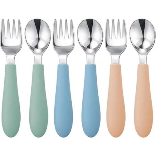 Pimoys 6 Pieces Toddler Utensils, Kids Forks and Spoons with Silicone Handle, Stainless Steel Toddler Silverware Set, Dishwasher Safe