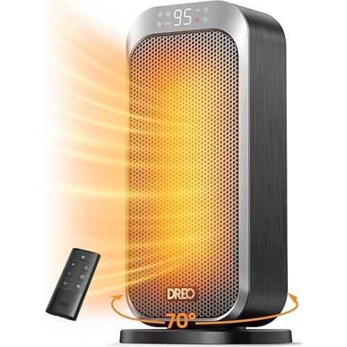 Dreo Quiet Space Heaters for Indoor Use, 1500W Electric Heater with Remote, PTC Ceramic Heater with Thermostat, 12H Timer, 70° Oscillation, Digital Display, Fast Safety Room Heater for Bedroom Office