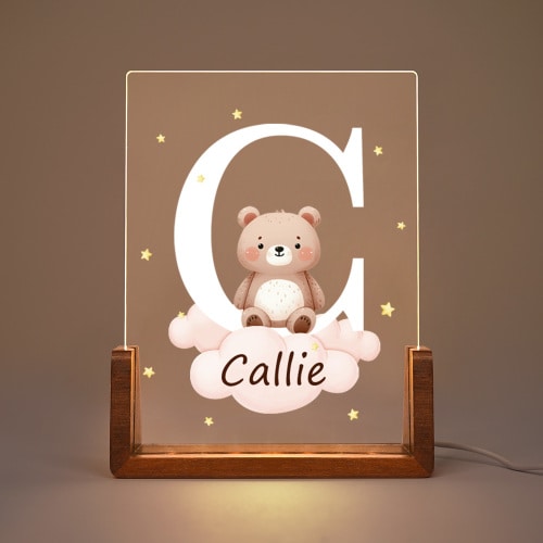 Personalized Cute Forest Animal Acrylic Cloud Star LED Night Light with Wooden Base Name and Initial Birthday Children's Day Gift for Boys Girls - CALLIE
