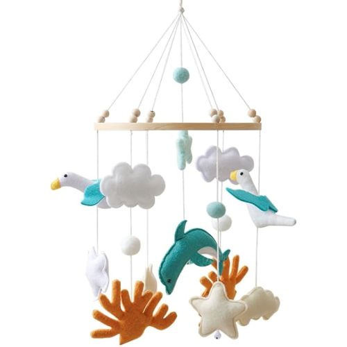 Ocean Nursery Mobile for Boys & Girls Handmade Baby Mobile for Crib with Coral Seagull Dolphin Hawaii Lite Gender-Neutral Crib Mobile Easy Assembly Sturdy Structure Perfect Gift for Newborn