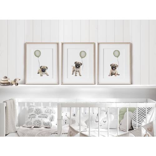 Fawn Pug 3 piece wall art | Sage green puppy nursery decor | Pug art for a boys room | Pug Dog with Balloons nursery art | Digital Prints