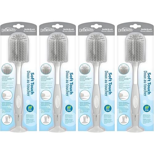 Dr. Brown's Soft Touch No Scratch Baby Bottle Cleaning Brush, Nipple Cleaner & Suction Cup Base for Easy Storage, BPA Free, Gray (Pack of 4)