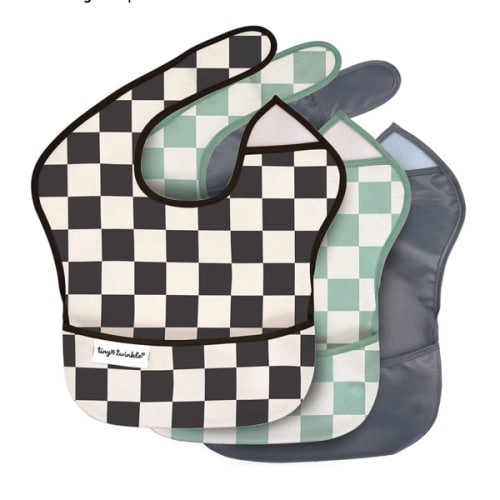 Tiny Twinkle Mess-Proof Baby Bib - Waterproof Bib for Baby Boy or Girl - Machine Washable - Adjustable Closure - PVC, BPA, & Phthalate Free - Great for Travel - Baby Food Bibs (3 Pack, Checkers Boy)
