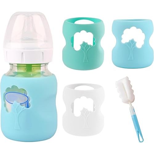 3 Pcs Silicone Baby Bottle Sleeves Compatible with Dr. Brown's Natural Glass Baby Bottles, Anti Breakage Baby Bottle Holder Cover with Bottle Brush for Dr. Brown Wide-Neck Glass Baby Bottles 5 oz