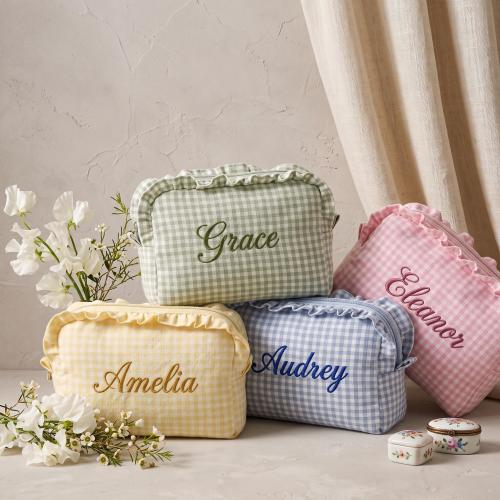 Personalized Baby Girl Ruffle Pouch, Custom Name Gingham Diaper Bag Organizer, New Mom Gift Basket, Hospital Toiletry Bag