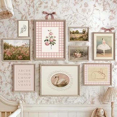 Vodefoad Pink Nursery Wall Art Set Retro Baby Girl Nursery Wall Decor Cute Kids Room Decor Swan Rabbit Landscape Canvas Painting Vintage Girls Gallery Art Antique Pink Nursery Poster for Kids Bedroom, Nursery Room Decor- Unframed