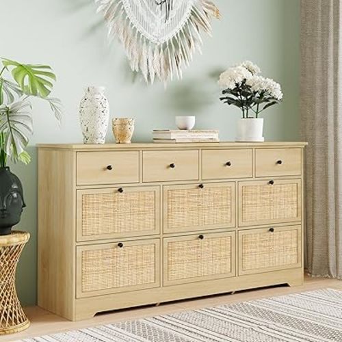 Yechen 59’’ Wide 10 Drawers Rattan Dresser, Mid-Century Natural Dresser Light Wood Chest of Drawers, Large Deep Boho Oak Dressers with Smooth Metal Slides, Drawer Organizer for Bedroom Nursery Closet