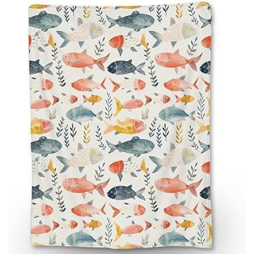 Watercolor Fish Blanket | Soft Warm Fuzzy Lightweight Flannel Throw Blanket Perfect for Couch, Bed, Decor, Travel & Outdoor Use, Cozy Blankets for Adults Kids Women Girls 60×50 in