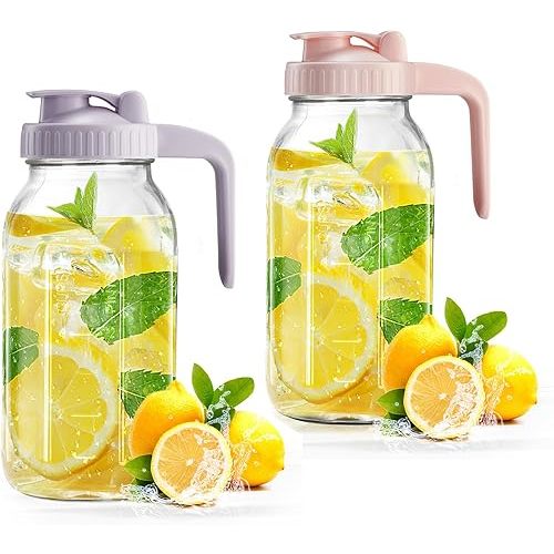 Mason Jar with Pour Spout Lid V-shaped, 2 Quart Iced Tea Pitcher Double Leak Proof, 64 oz Drink Pitcher for Breastmilk, Sun Tea, Juice, Coffee Creamer, Formula Pitche