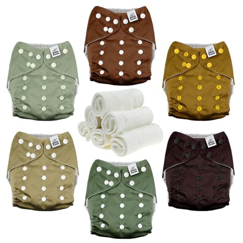 Mama Koala 3.0 Cloth Diapers for Babies with AWJ Lining, 6 Pack with 6 Natural Cloth Diaper Inserts - Reusable and Washable Pocket Diapers (Pinetree Cabin)
