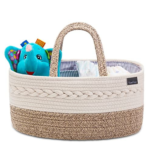 Baby Diaper Caddy Organizer, Portable Nursery Storage Basket With Changeable Compartments, 100% Cotton Woven Rope Baskets, Car & Changing Table Tote, Newborn Gift
