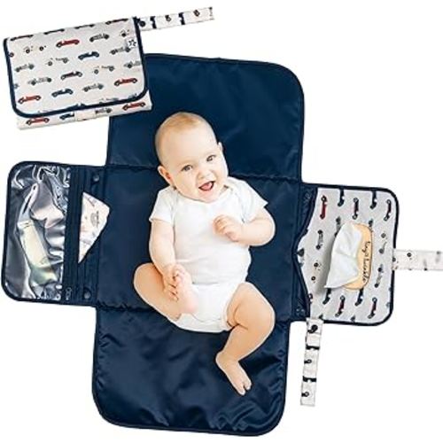 Tiny Twinkle Portable Diaper Changing Pad | Waterproof, Wipeable & Compact Baby Changing Pad for Travel | Smart Wipes Pocket & Organized Storage| Newborn Shower Gift (Vintage Cars)