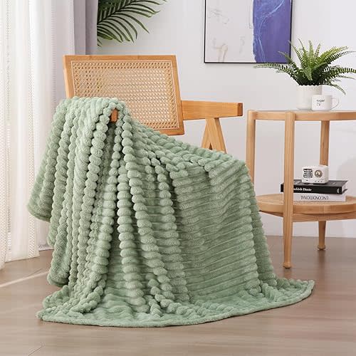 Sage Green Fleece Throw Blanket 60”×80” for Couch Sofa Bed,Super Soft Cozy Plush Microfiber Flannel Blanket with Stripes Design Lightweight for Adults,Woman,Girls