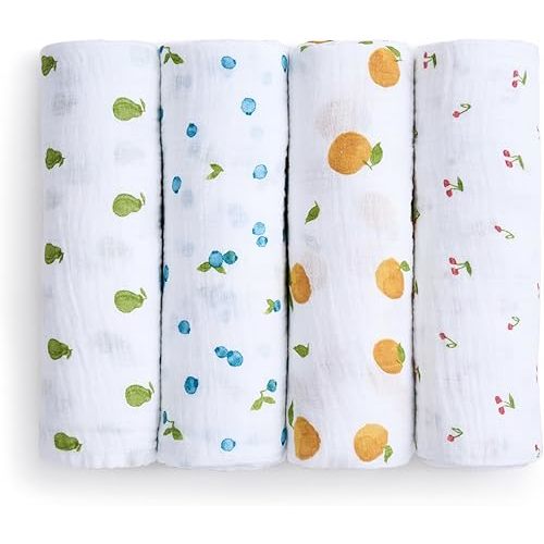 aden + anais Boutique 100% Organic Cotton Muslin Swaddle, Breathable Baby Blanket, Ideal for Boys, Girls, Newborns, Babies & Infants, Receiving Blanket, Soft and Lightweight Wrap, 4 Pack, Fresh Fruit
