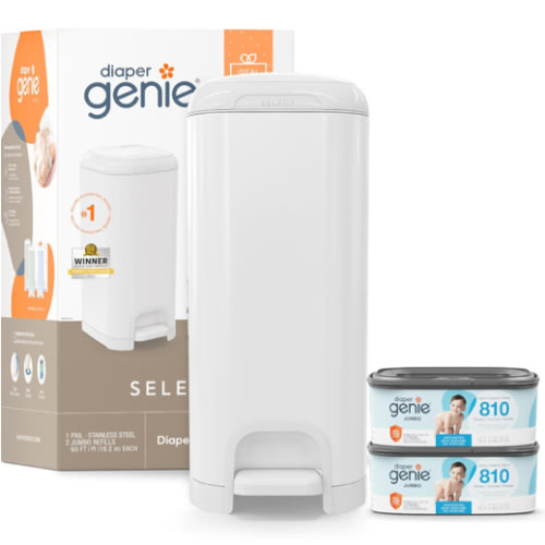 Diaper Genie Select Pail Registry Gift Set (White) | Made of Durable Stainless Steel Metal | Includes 2 Jumbo Refills | Holds 1620 Newborn Diapers