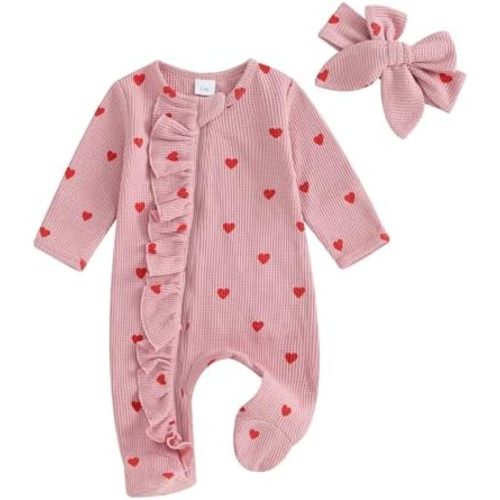 My First Valentines Baby Girl Outfit Newborn Footie Romper Heart Bodysuit + Headband Infant One Piece Outfit