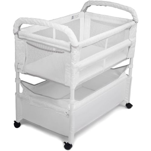 Arm’s Reach Clear-Vue Co-Sleeper Bedside Bassinet Featuring Clear Mesh Panels with Fold-Down Side, Large Attached Storage Basket, 4 Wheels, and Height-Adjustable Legs, White
