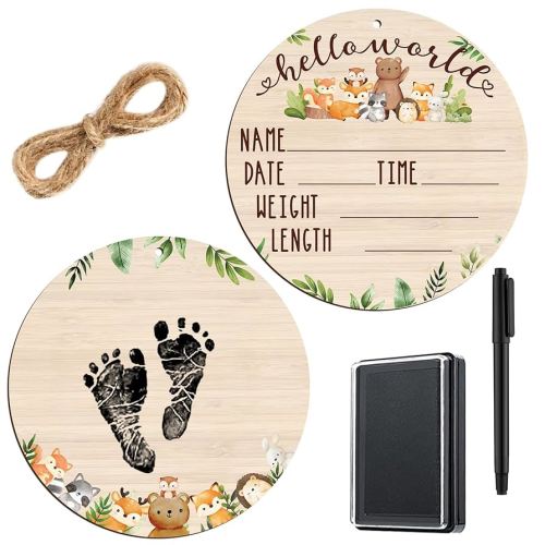 Thyle Baby Announcement Wooden Name Sign for Hospital Birth Double Sided Newborn Welcome Sign with Marker Pen and Ink Pad for Baby Shower Hand Footprints(Jungle)