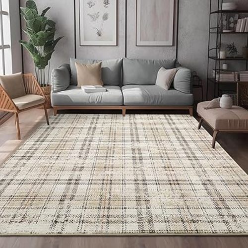 IMINROME 8x10 Area Rug Machine Washable Rug Non Slip Non Shedding Modern Print Decorative Plaid Rugs Foldable Floor Cover Carpet Irregular Plaid Rug for Living Room Bedroom Dorm, Beige/ 8'× 10'