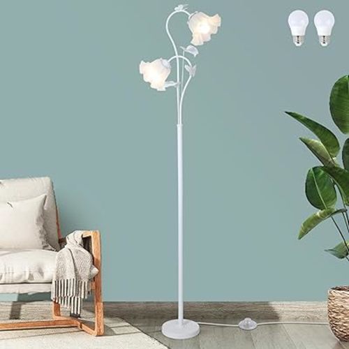 HMVPL White Flower Standing Lamp, Floral Tall Lamp with 2 LED 5W Blubs, Foot Switch, Modern Corner Floor Lamp with Acrylic Shade, Antique Lotus Flower Floor Lamp for Living Room Office Reading
