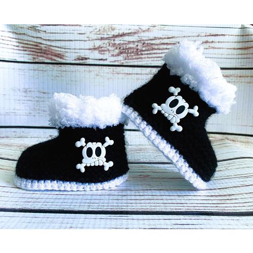 Hand Knitted Goth Baby Boots Skull Booties Slippers Clothes Shoes Gothic Punk Emo Black Halloween Black White 0- 12 Months