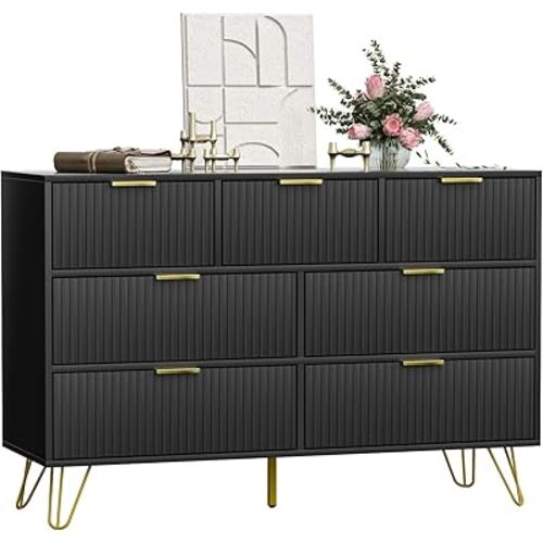 Dresser for Bedroom, Black Bedroom Dresser with 7 Drawers, Modern Wide Dresser with Gold Pulls