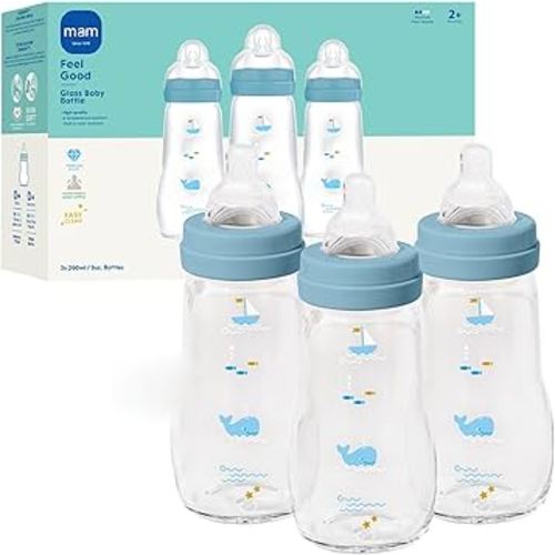 MAM Premium Glass Baby Bottles, Easy Switch Between Breast and Bottle, Feel Good Medium Flow, Newborn Essentials Must Have, 2+ Months, BPA Free, 9oz, Boy, 3pack
