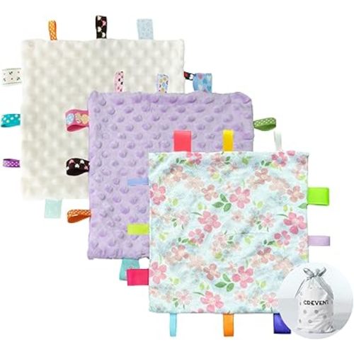 CREVENT Tag Security Blankets for Babies, Soft Small Loveys for Girls, Baby Comforter Sensory Blanket, Great Gifts for Birthday Baby Shower 10"X10" (Wildflow+Purple+ Ivory)