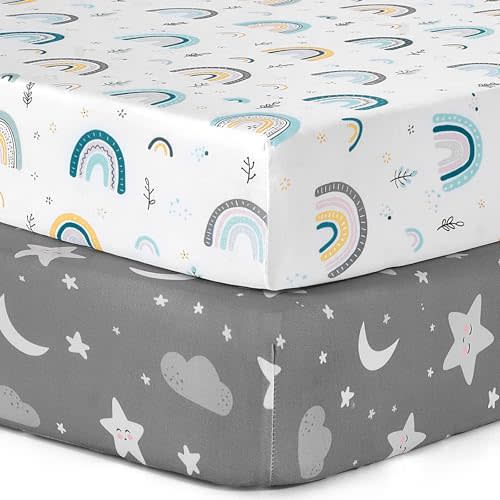 Pack n Play Sheets, BROLEX 2 Pack Mini Crib Sheets,Stretchy Portable Fitted Playard Sheet Set, Convertible Playard Mattress Cover,Ultra Soft Breathable Material,Rainbow Stars