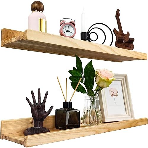 Handcrafted, Floating Shelves for Wall 24 inch, Waterproof, Wall Storage Shelves with Lip, Display Picture Ledge Shelf for Living Room Photo Frame, Natural Wood Hanging Book Shelves (White, Set 2)