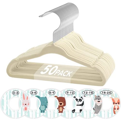 Baby Hangers, VIS'V 11 Inch Beige Velvet Kids Hangers with 6 Pcs Size Dividers Non Slip Nursery Children Closet Clothes Hangers for Infant Toddler Girls and Boys 50 Pcs