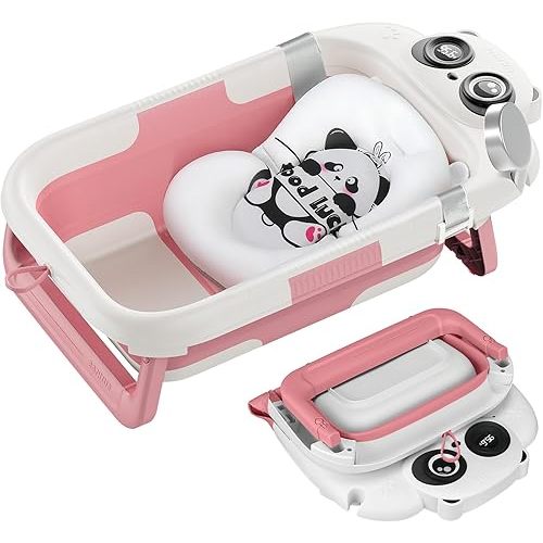 Foldable Baby Bathtub, Lightweight Bathtub for Infants to Toddlers with Soft Cushion & Thermometer, Portable Baby Tub Newborn to Toddler 0-36 Months(Pink)