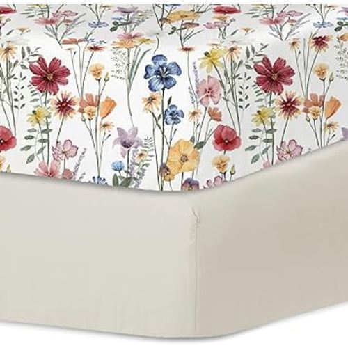 Little Grape Land Crib Sheets for Girls and Boys, 2pk Baby Crib Fitted Sheet for Standard Size Crib and Toddler Mattress, Super Soft Baby Sheet (Spring Flower & Beige)