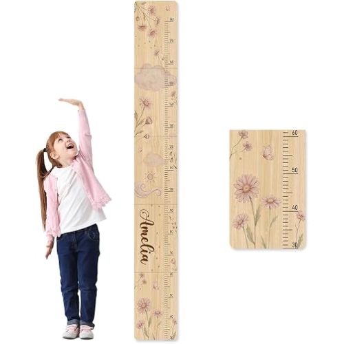 Personalized Name Wooden Growth Chart for Wall, Pastel Flowers Height Chart